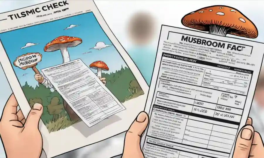 Una persona que sostiene una hoja de verificación de datos de hongos junto a una imagen borrosa.
