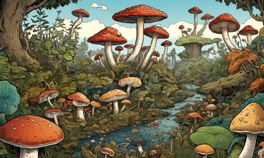 Ilustración de varios tipos de hongos en medio de un ecosistema diverso, con superposiciones de texto que abusan del mito.