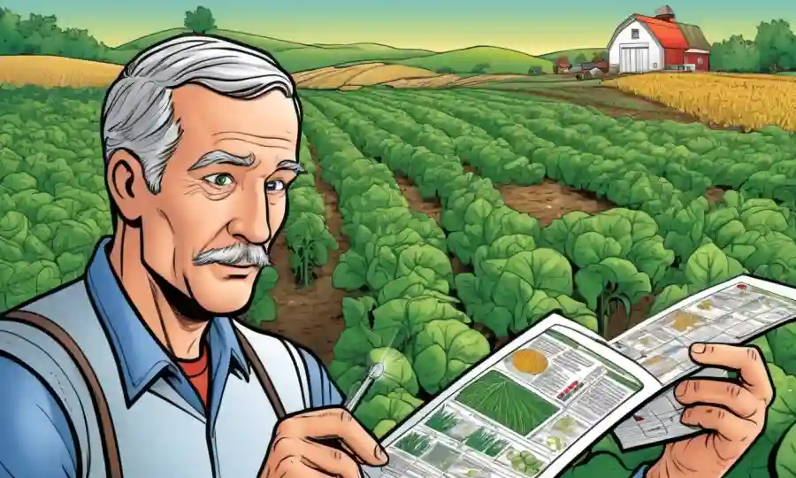 A farmer inspecting healthy crops surrounded by charts and data on successful use of beneficial microorganisms.