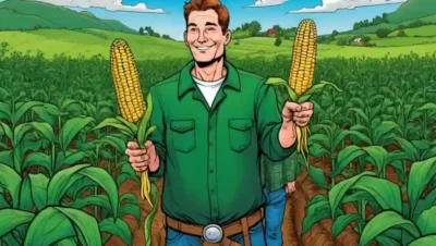 Agricultor soberbia sosteniendo plantas de maíz con diversas raíces en medio de un paisaje verde.