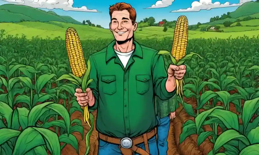 Agricultor soberbia sosteniendo plantas de maíz con diversas raíces en medio de un paisaje verde.