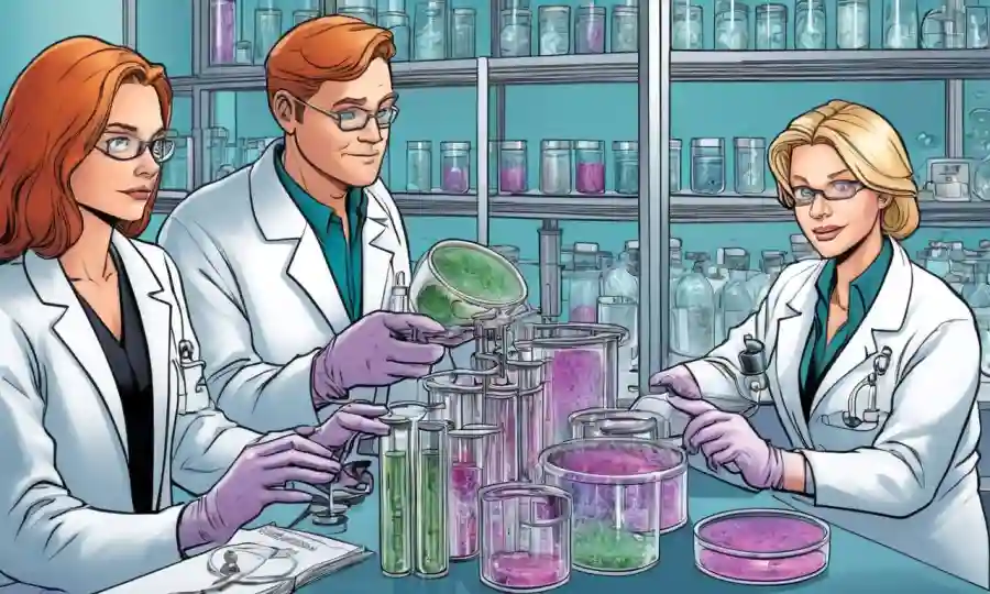 Científicos que estudian platos petri con microorganismos bajo equipos de laboratorio, destacando barras de logro.