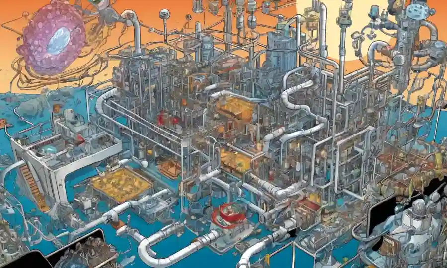 Un diagrama complejo que ilustra la convergencia de sistemas de biotecnología y control.