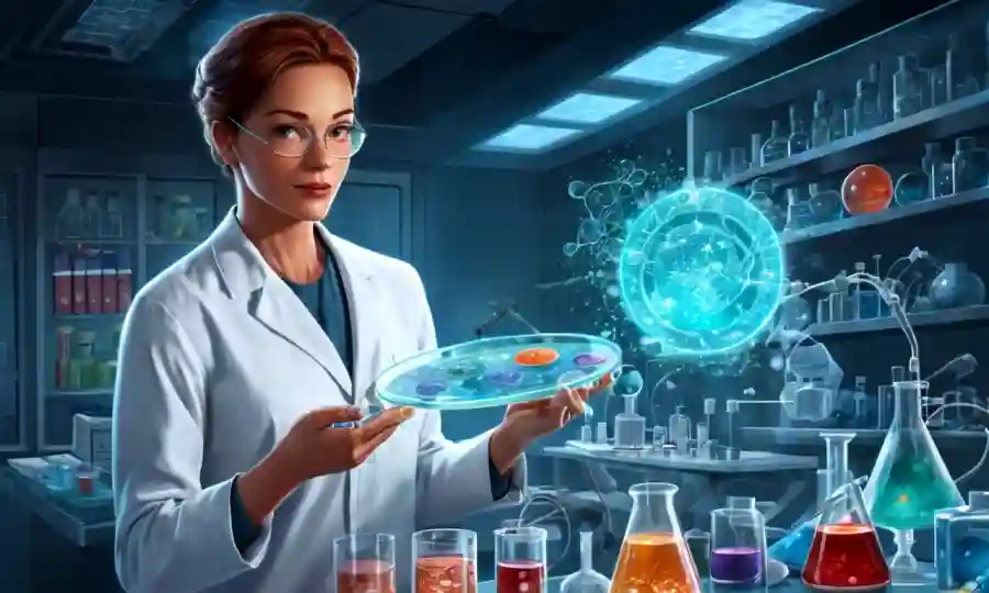 Científico sosteniendo un plato petri con microorganismos, rodeado de equipo de laboratorio futurista y gráficos.
