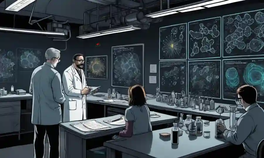 Investigadores en un laboratorio examinando microorganismos e impresiones de datos en pizarras negras.