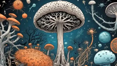 Una ilustración microscópica de hifae fúngica rodeada de símbolos científicos e iconos de avance.