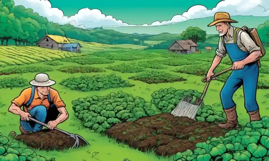 Agricultores y plantas que prosperan en un exuberante campo verde con redes fúngicas visibles bajo el suelo.