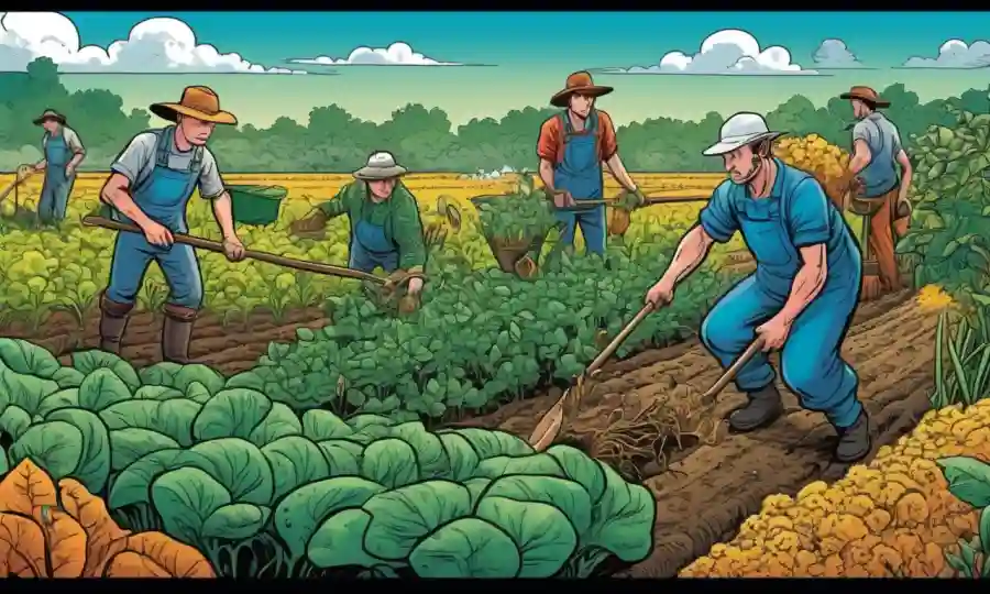 Los agricultores que trabajan en un campo rodeado de microorganismos y plantas.