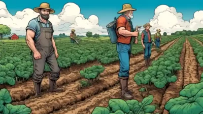 Agricultores en un campo rodeado de cultivos exuberantes y suelo con crecimiento de hongos.