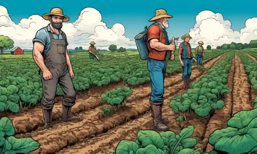 Agricultores en un campo rodeado de cultivos exuberantes y suelo con crecimiento de hongos.