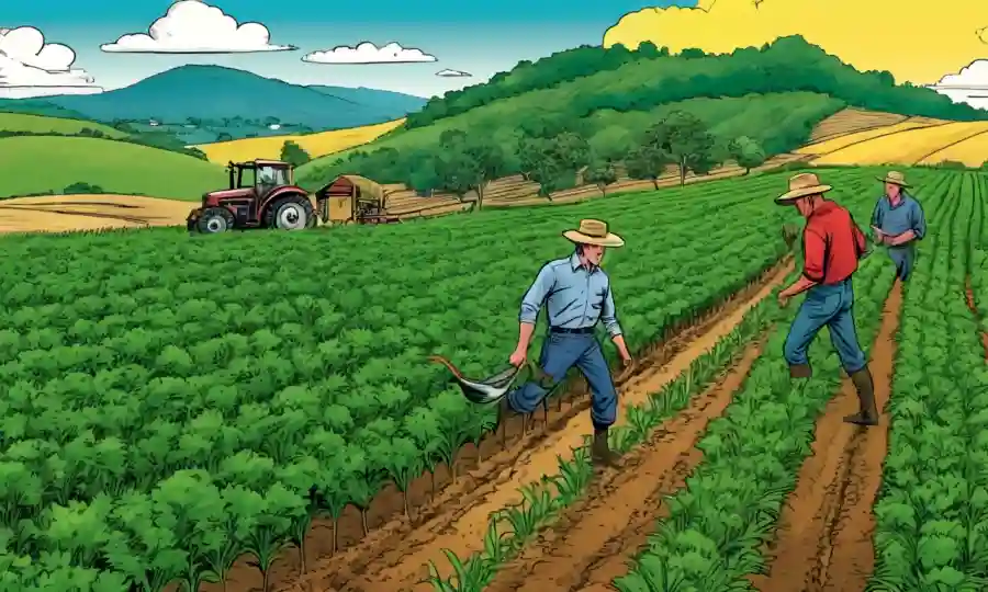 Una foto de los agricultores en un campo de verdiente, con relés de texto discutiendo la agricultura sostenible.