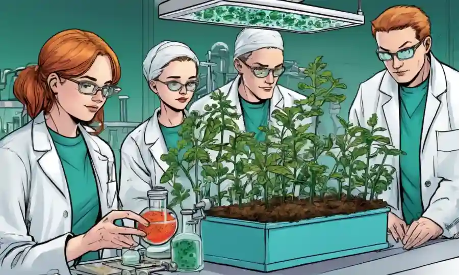 Estudiantes que realizan experimentos de microbiología en plantas bajo equipo de laboratorio.