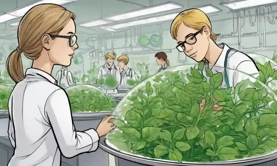 Estudiantes que estudian microorganismos creciendo en hojas de plantas en platos petri.