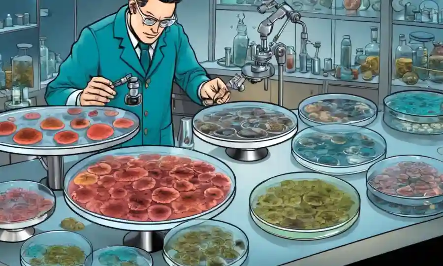 Un microscopio o científico observando varios tipos de hongos en platos petri.