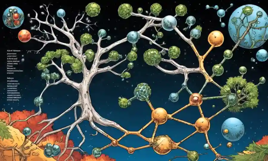 Diagrama científico con estructuras moleculares y árboles evolucionarios.