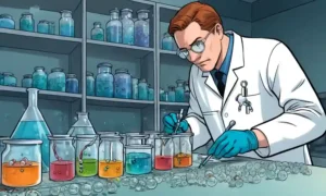 Científico que examina los platos petri y las estructuras moleculares en un entorno de laboratorio.
