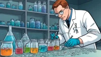 Científico que examina los platos petri y las estructuras moleculares en un entorno de laboratorio.