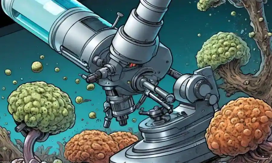 Microscopio revelando biomasa fúngica en el entorno de laboratorio.