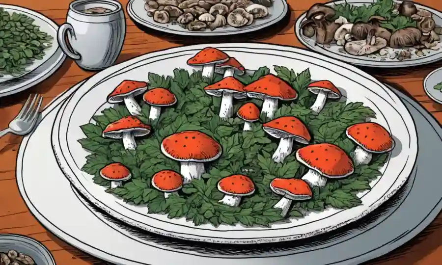 Muestras de setas y datos nutricionales diseminados con placas sobre una mesa.