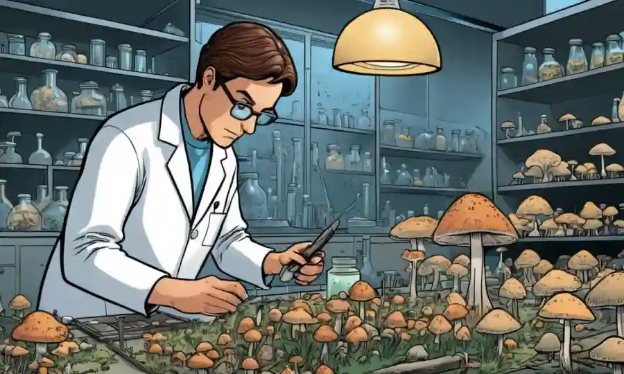 Un científico que examina diferentes tipos de especies de hongos en un entorno de laboratorio.