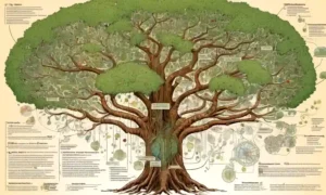 Un diagrama filogenético tipo árbol que muestra relaciones familiares fúngicas rodeadas de notación científica y datos.