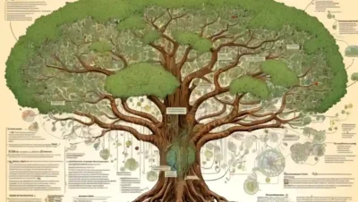 Un diagrama filogenético tipo árbol que muestra relaciones familiares fúngicas rodeadas de notación científica y datos.