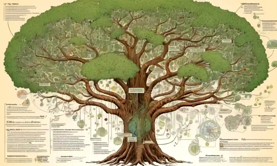 Un diagrama filogenético tipo árbol que muestra relaciones familiares fúngicas rodeadas de notación científica y datos.