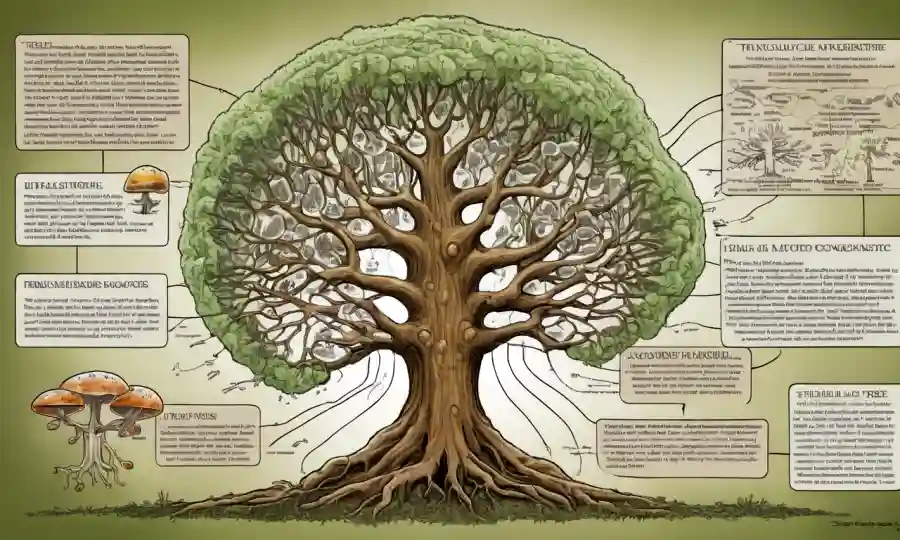 Un diagrama de árbol filogenético fúngico con conclusiones de texto superpuesto.