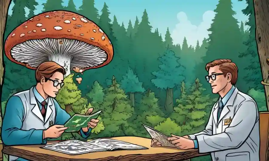 Científicos que estudian estructuras de hongos y gráficos con fondo forestal.