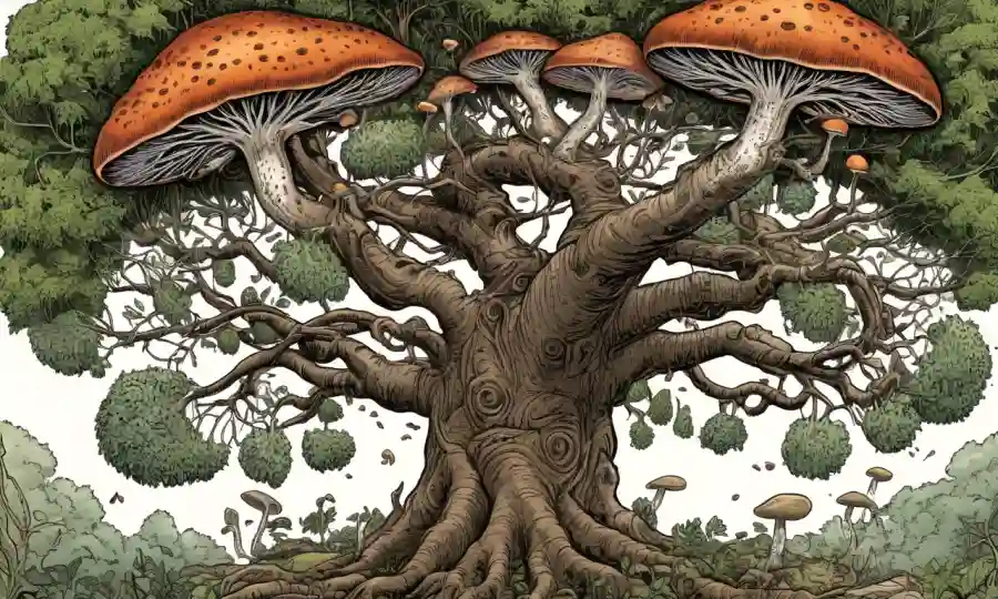Un árbol artístico que representa la historia evolutiva de hongos, con ramas y nodos que ilustran sus relaciones.