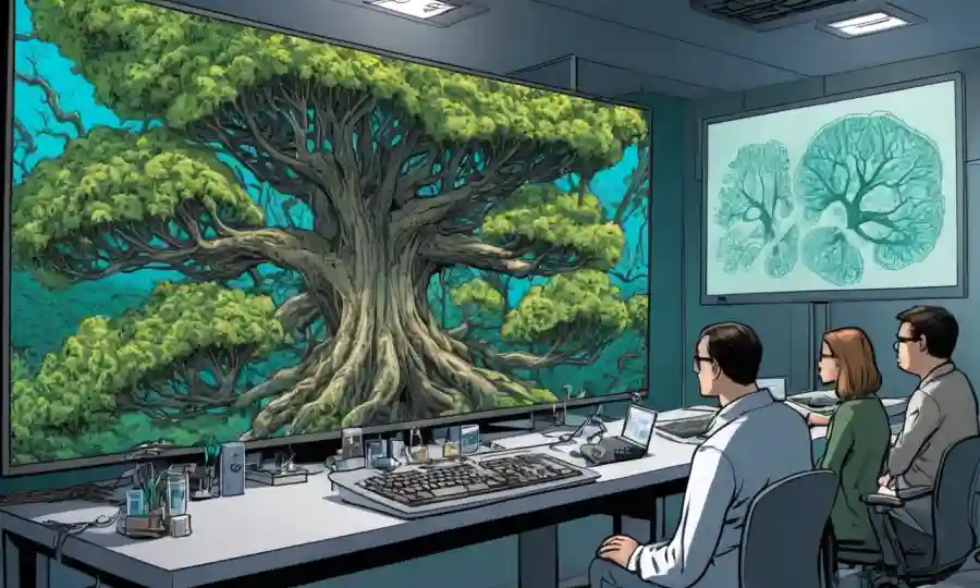 Científicos analizando el árbol generado por ordenador representando relaciones evolutivas fúngicas en pantallas grandes.