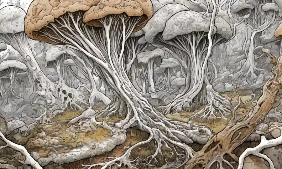 Imágenes detalladas de la estructura de micelio y patrones de crecimiento en varias superficies, con flechas y etiquetas destacando aspectos clave.