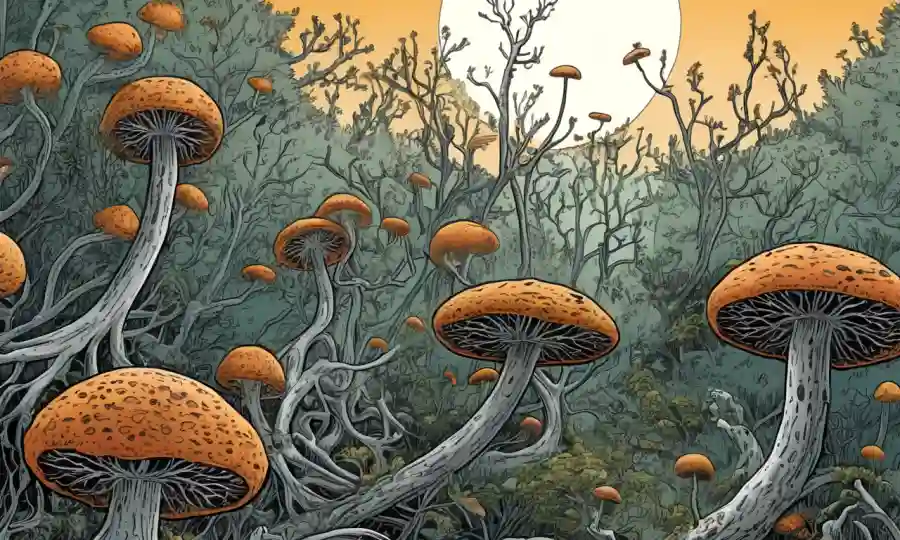 Representación visual microscópica de hifae fúngica interactuando con otros organismos en un ecosistema.