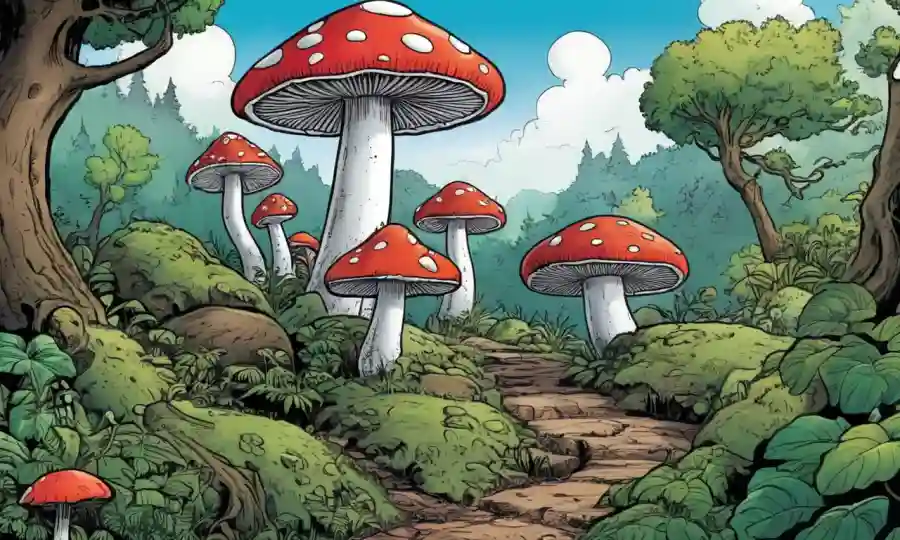 Crecimiento de setas ilustrado en medio del paisaje natural.
