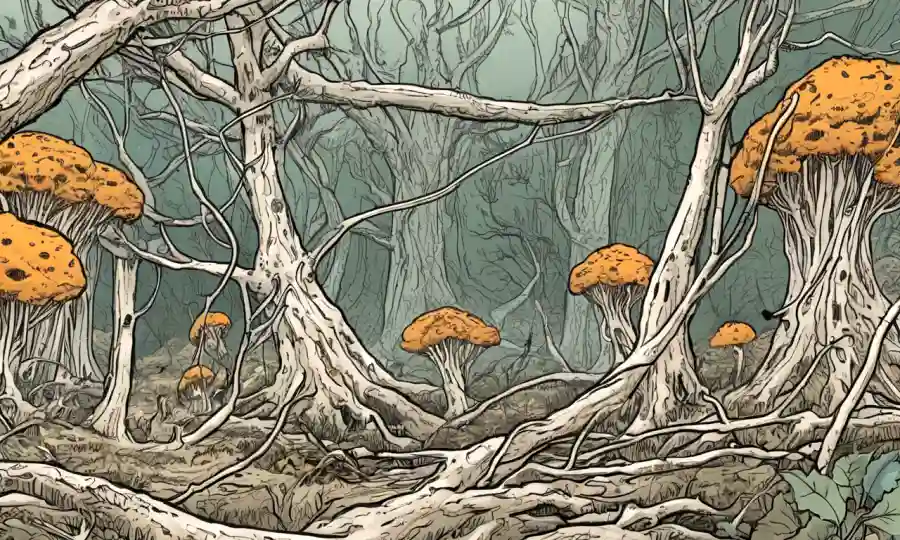 Ilustración detallada de las redes de micelio con flechas que representan efectos ecológicos.