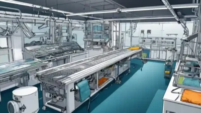 Un laboratorio de textiles futuristas con muestras de tela sostenibles y equipos innovadores.
