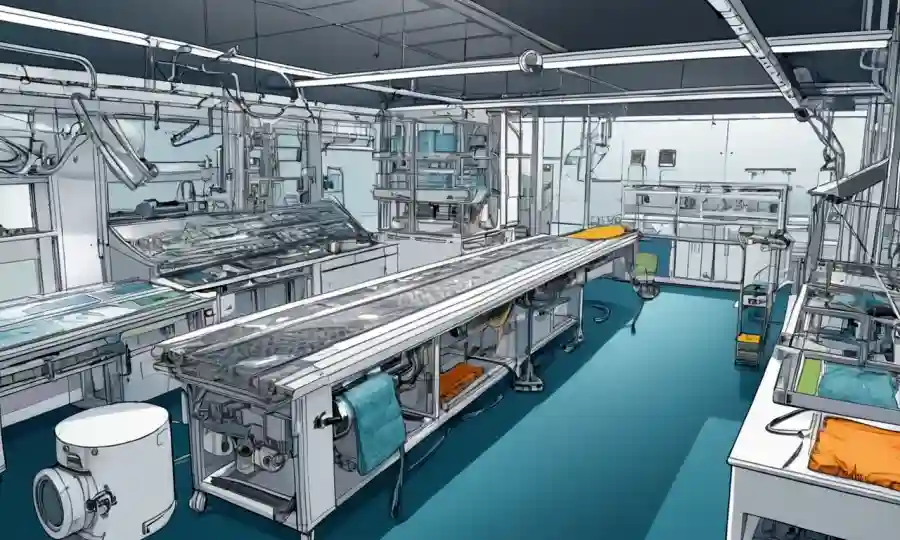 Un laboratorio de textiles futuristas con muestras de tela sostenibles y equipos innovadores.