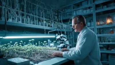Un científico que estudia redes fúngicas en un ambiente de laboratorio controlado.