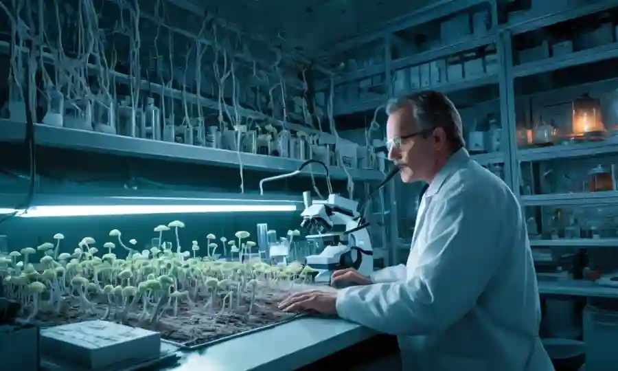 Un científico que estudia redes fúngicas en un ambiente de laboratorio controlado.
