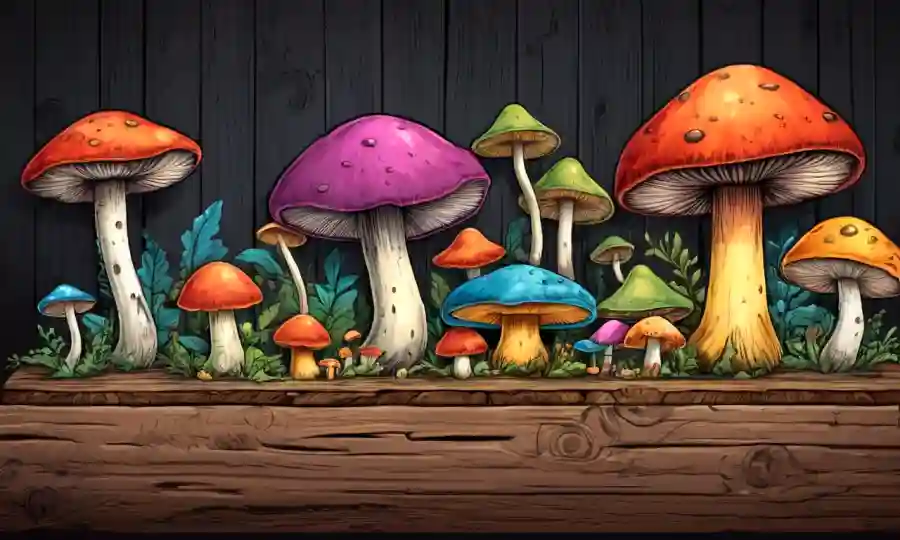 hongos coloridos de todo el mundo mostrados en tablas de madera o pedestales.