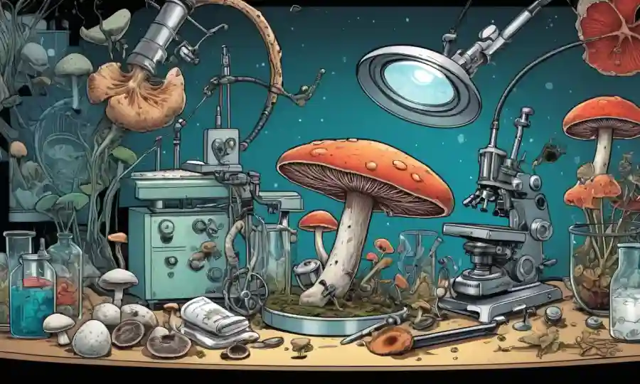 Una mezcla de ilustraciones de hongos rodeadas de equipos médicos y científicos.