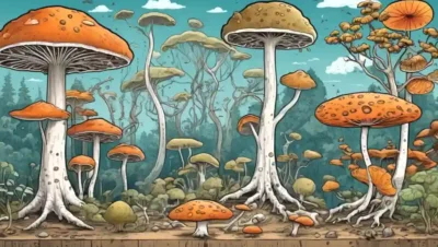 Diagramas de hongos y árboles evolutivos en un laboratorio científico.