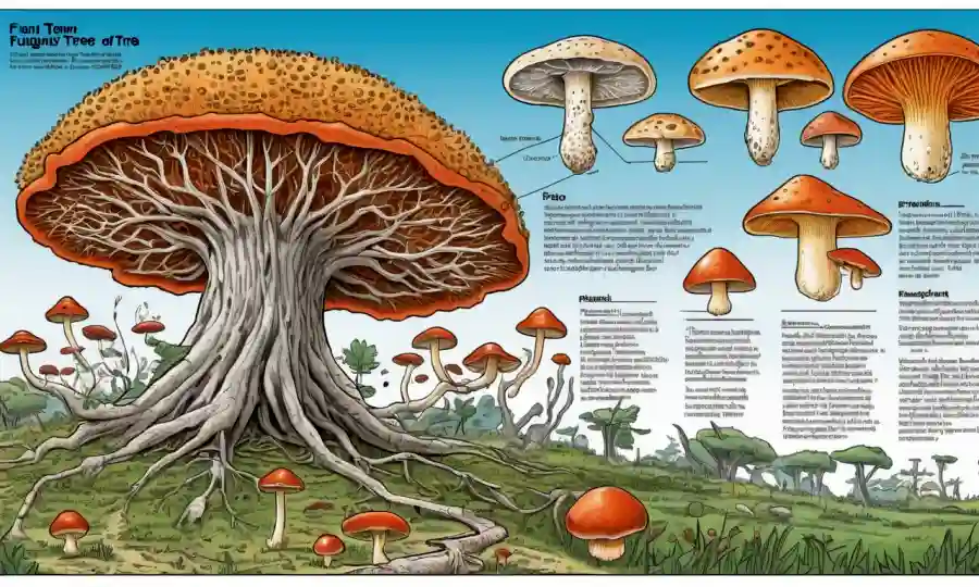 Diagrama mostrando la estructura y función de hongos, con árbol evolutivo en el fondo.