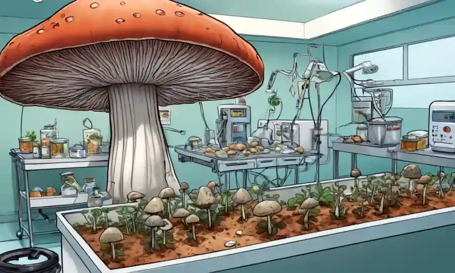 Un hongo creciendo en medio de equipos médicos y muestras de alimentos con ilustraciones evolutivas en el fondo.