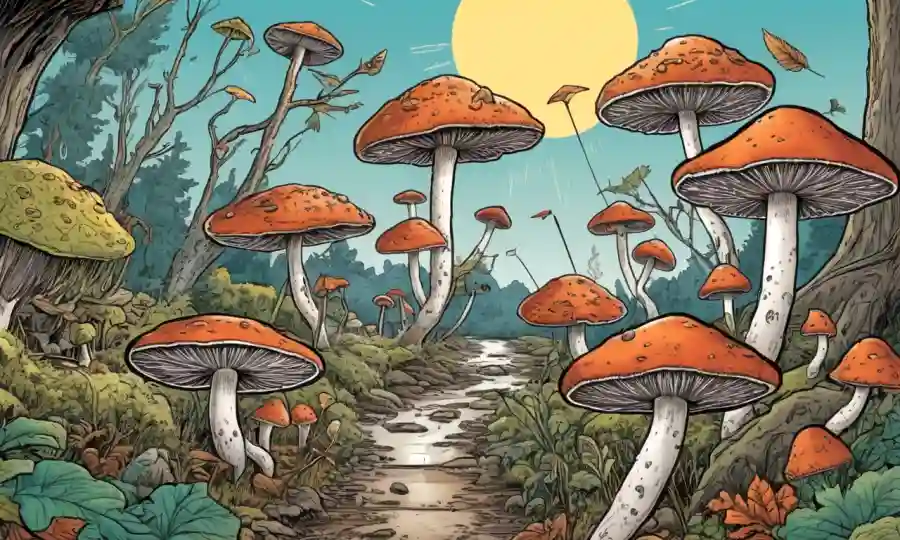 Ilustración de varios hongos con flechas que se conectan a escenas que representan sus usos prácticos.