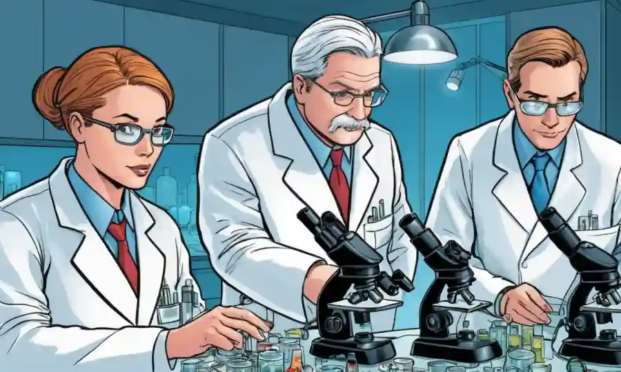 Científicos de laboratorio que estudian relaciones simbióticas con microscopios y platos petri.