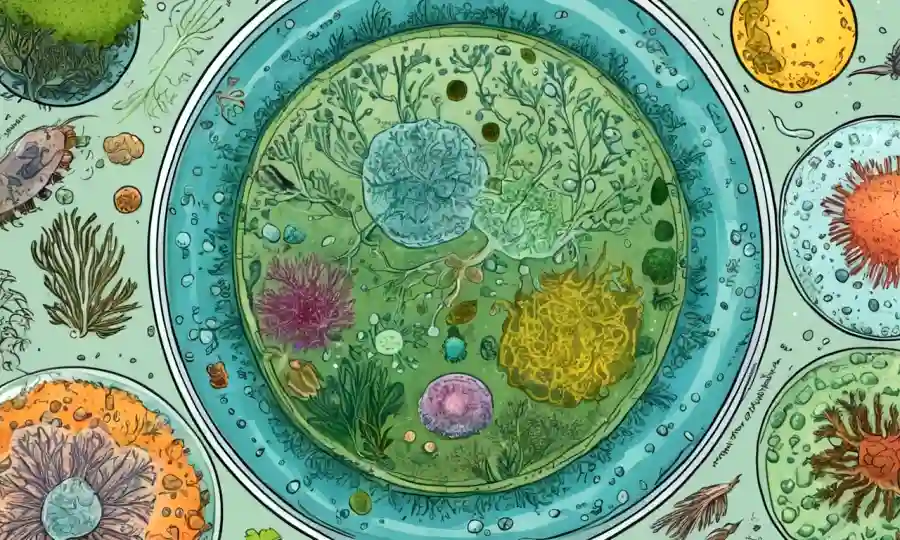 Microorganismos interactuando en un plato Petri con diversos ecosistemas y diagramas.