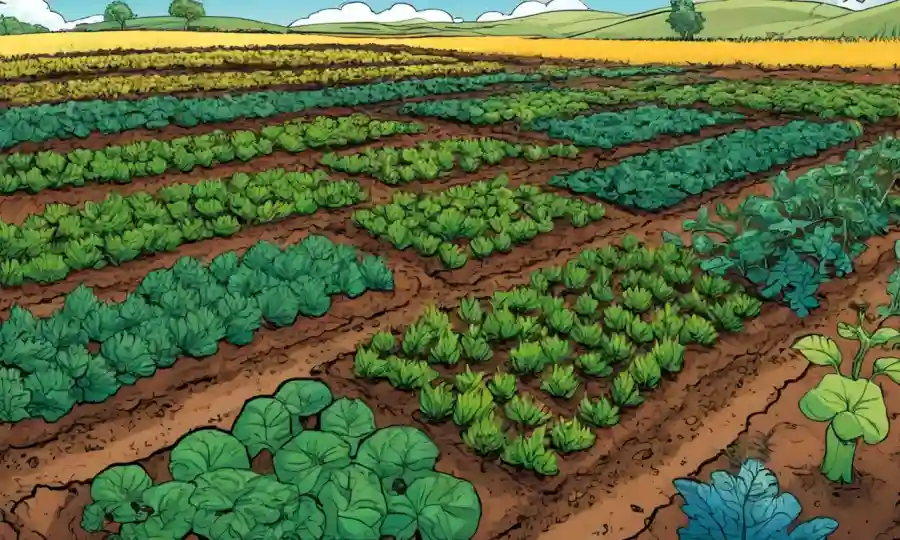 Campos de cultivo con diversas especies vegetales rodeadas de microorganismos en el suelo.