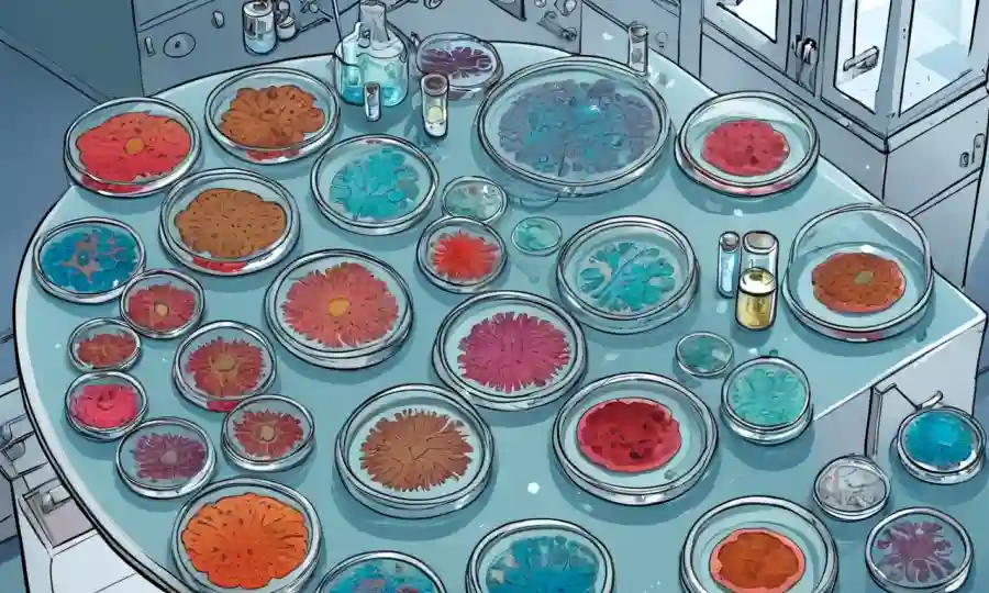 Microorganismos interactuando en los platos Petri dentro de un entorno de laboratorio.