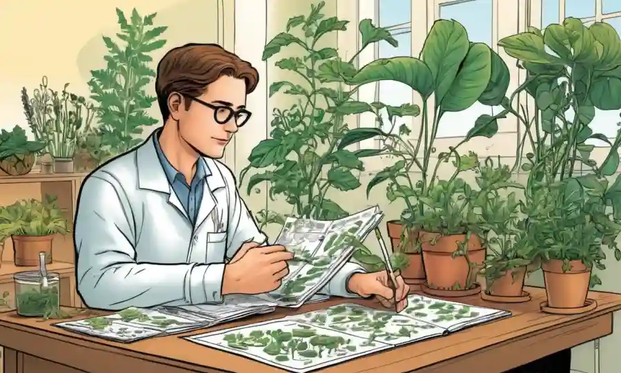 Botánicos que estudian tablas de clasificación de plantas y especímenes.